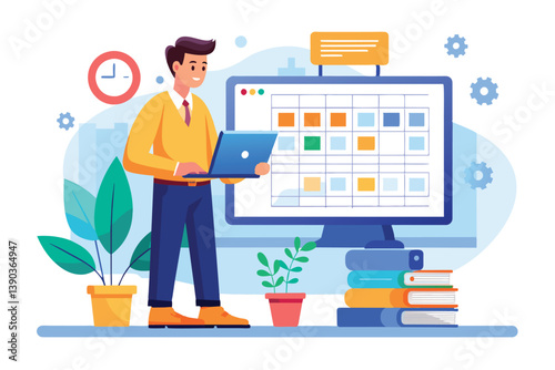 An illustration of a businessman working on his laptop while checking a digital calendar on a desktop computer.