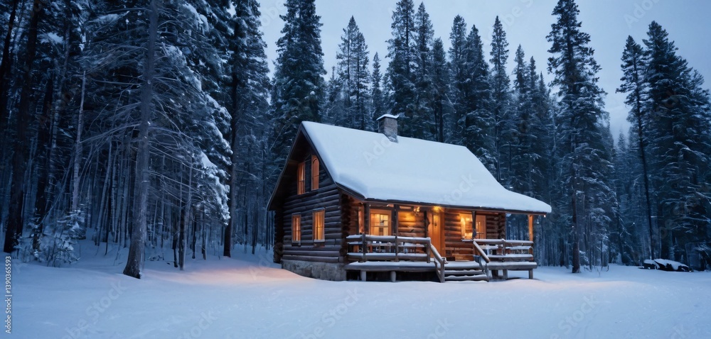 A serene winter landscape blanketed in fresh snow, with a cozy wooden cabin nestled at the edge of a dense forest