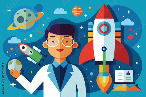 A smiling scientist wearing glasses and a white lab coat holds a planet in his hand, standing in front of a rocket ship taking off against a blue space background.