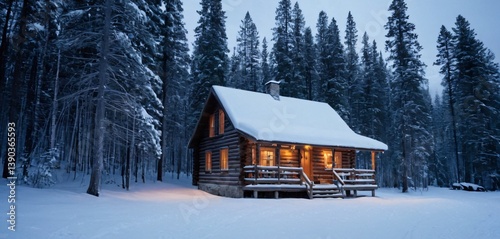 Obraz na płótnie A serene winter landscape blanketed in fresh snow, with a cozy wooden cabin nestled at the edge of a dense forest w salonie