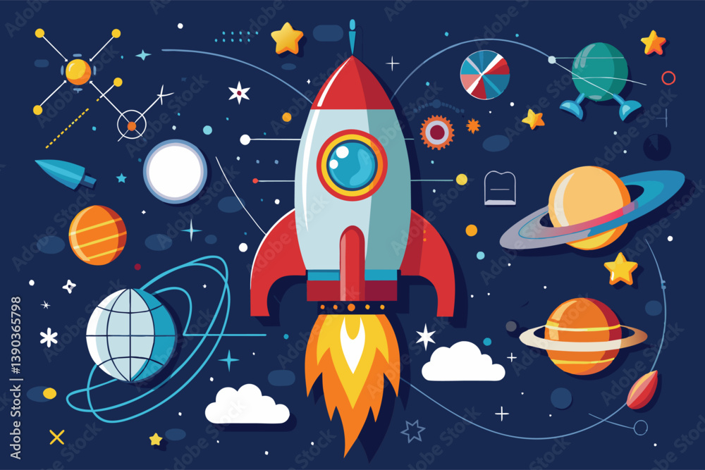 A colorful illustration of a rocket launching into space, surrounded by planets, stars, and other celestial objects.