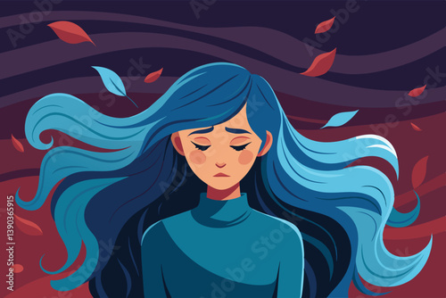 A digital illustration of a woman with blue hair standing in front of a background of falling red leaves. Her hair is flowing in the wind and she has a sad expression on her face.