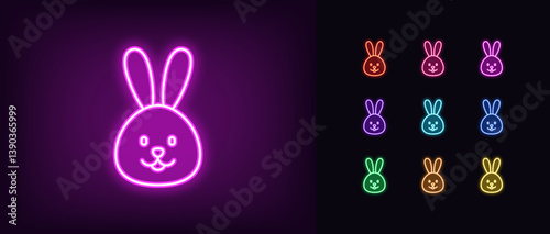 Outline neon rabbit face icon set. Glowing neon cute bunny head icon, rabbit emoji with smile. Easter bunny face, cartoon funny hare, cute animal emoticon, rabbit ears. Vector icons set