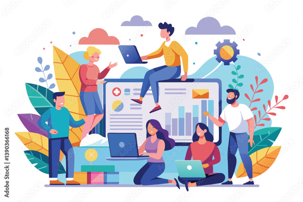 A diverse group of people collaborate on a data analytics project, using laptops and a large screen with graphs and charts. A diverse group of people collaborate on a data analytics project, using laptops and a large screen with graphs and charts.
