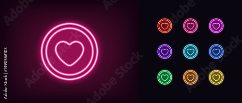 Outline neon love coin icon set. Glowing neon digital coin with heart icon, love token. Money donation, digital token with heart, money love, virtual coin, cryptocurrency, game reward. Vector icons