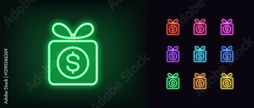 Outline neon money prize icon set. Glowing neon gift box with dollar icon, money reward, surprise. Token giveaway, coin giftbox, money present, cash prize, game bonus, winner reward. Vector icons