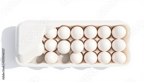 ⁨Hyperrealistic render mockup, top-down view of a sleek, minimalist egg carton made of smooth, white plastic with a slight glossy finish. The carton contains a dozen perfectly uniform white eggs. 