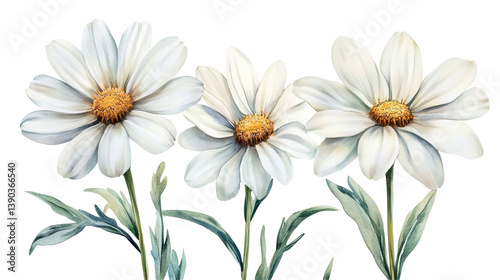 Elegant Watercolor White Daisies Floral Botanical Illustration Nature Art Print Design Background soft plant macro image green bloom summer 