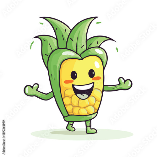 Happy cartoon corn character with arms and legs walking and smiling