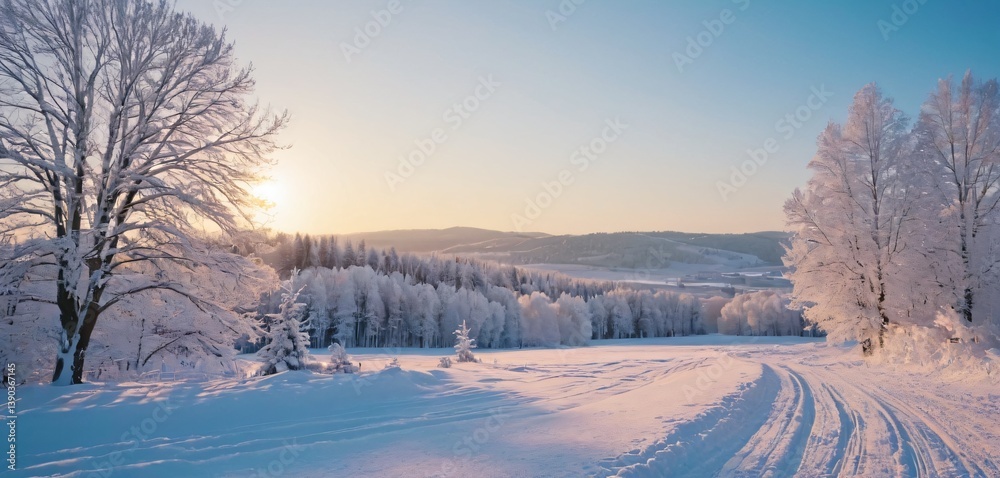 Beautiful winter landscape with snow-covered trees and fields under a bright blue sky.