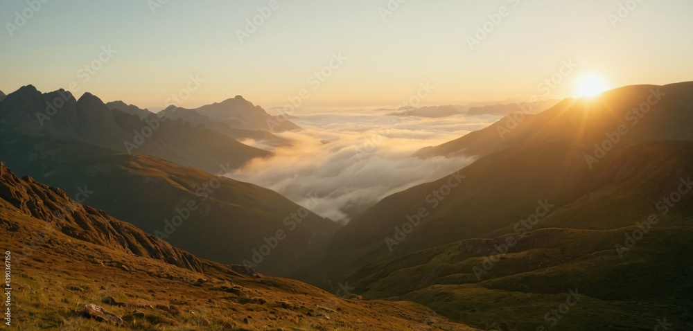 capture the beauty of a tranquil sunrise over misty mountains , where soft , golden sun light gently lights of the vellys below.this image portrays the clamness of nature and the briathta.hd