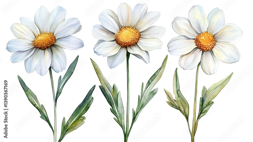 Elegant Watercolor White Daisies Floral Botanical Illustration Nature Design Three Flowers Isolated Transparent Background Art Pure Soft Daisy