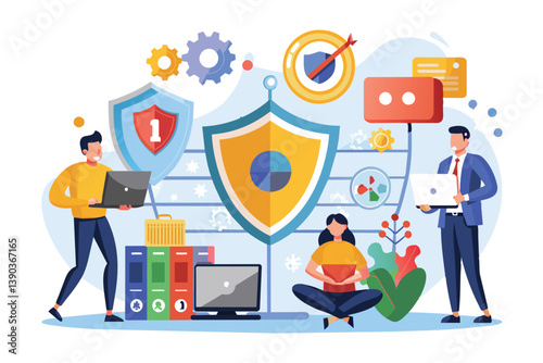 An illustration depicting three people working together to secure data. They are using shields, technology, and teamwork to protect information.