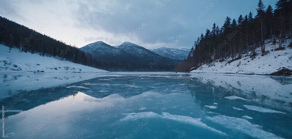 Frozen lake in winter mountains.