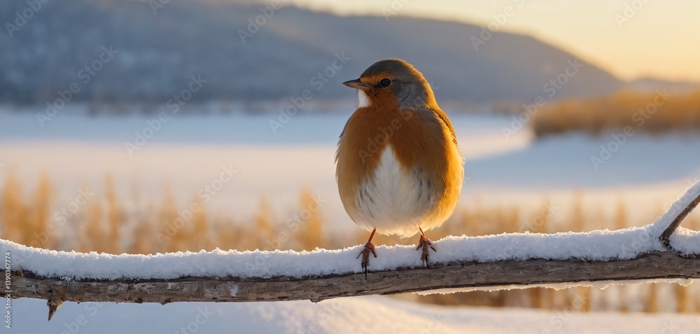 lone bird perched on a snow-covered branch, surrounded by a serene winter landscape