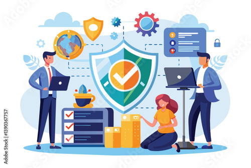Illustration showing a secure global data protection system with checkmarks and people working on laptops.