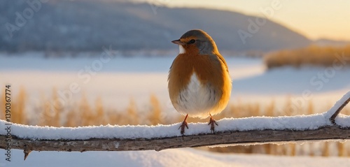 Obraz na płótnie lone bird perched on a snow-covered branch, surrounded by a serene winter landscape w salonie