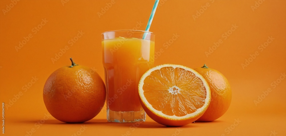 orange slices and straw on vibrant orange background.