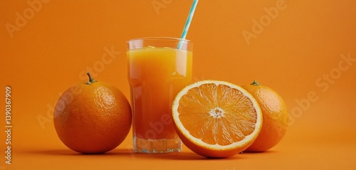 Obraz na płótnie orange slices and straw on vibrant orange background. w salonie