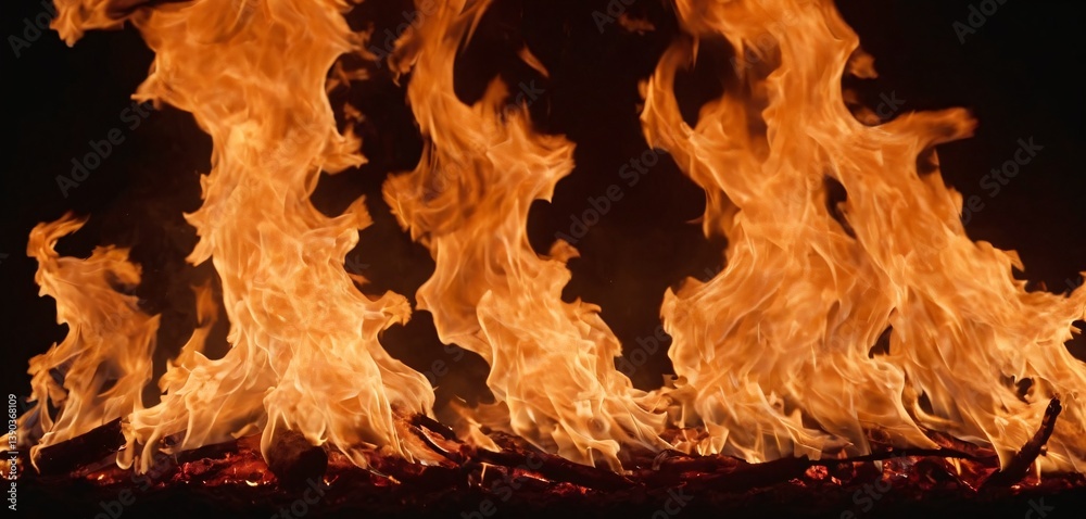 Realistic fire flames isolated on a dark background,