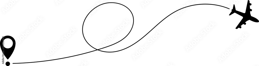 Airplane line path icon of air plane flight route with start point and dash dotted line trace. Love travel route. Airplane routes. Travel icon. Airplane line path icon of air plane flight route with start point and dash dotted line trace. Love travel route. Airplane routes. Travel icon.