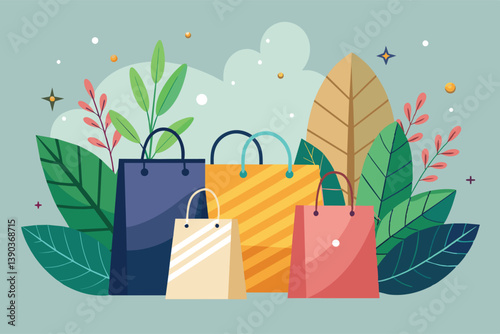 A digital illustration of four colorful shopping bags with handles against a pastel blue background, surrounded by green leaves and branches.