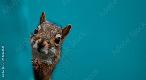 Surprised cute squirrel, sciurus, cautiously peeks around a corner, against a blue background, created with Generative AI technology. Copy space.	
