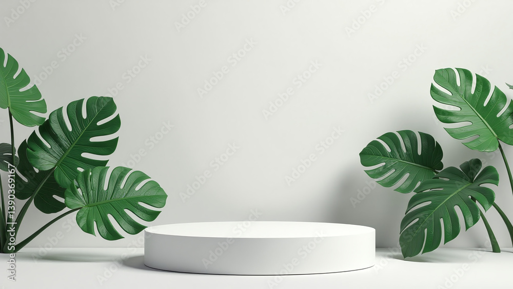 minimal concrete pedestal displays lush monstera leaves abstract background rendered illustration minimal concrete pedestal displays lush monstera leaves abstract background rendered illustration