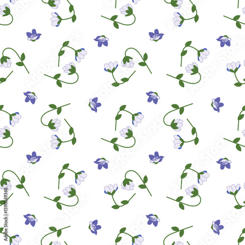 Seamless floral pattern, repeating anemone hepatica flowers. Repeating background, print, repeatable texture, petals, blossoms, for textile, fabric, wrapping print. Flat vector illustration.