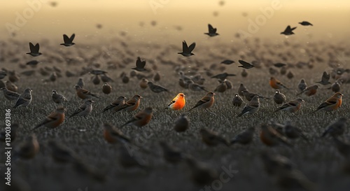 outlier standing out from the crowd, red bird standing between folk of black birds, Generative AI	
