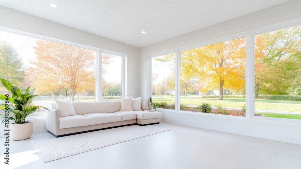 Fototapeta premium Bright, modern living room with fall foliage view