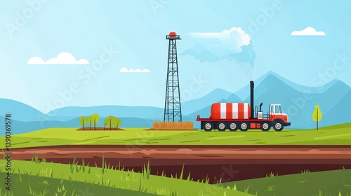 Oil Extraction Truck in Rural Landscape