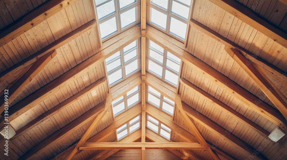 Obraz premium Wooden ceiling with skylights, showcasing natural light and architectural design, representing warmth, serenity, and craftsmanship