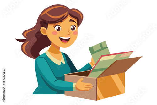 A smiling woman with long brown hair is packing a box with books and papers. She is dressed in a teal shirt and is reaching into the box with her right hand.