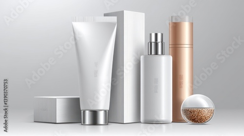 Cosmetic Products Mockup Featuring White and Gold Containers on a Clean Surface
