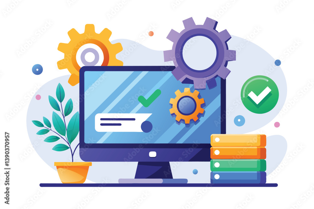 A colorful illustration depicting a computer with gears and checkmarks, signifying successful system optimization and efficient performance.