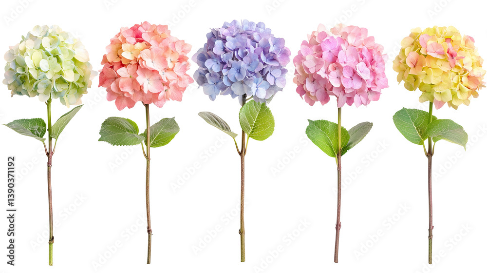 Five Pastel Hydrangea Blooms Isolated Transparent Background Floral Photography Spring Summer Design Element Nature Botany Pink Soft Leaf Stem
