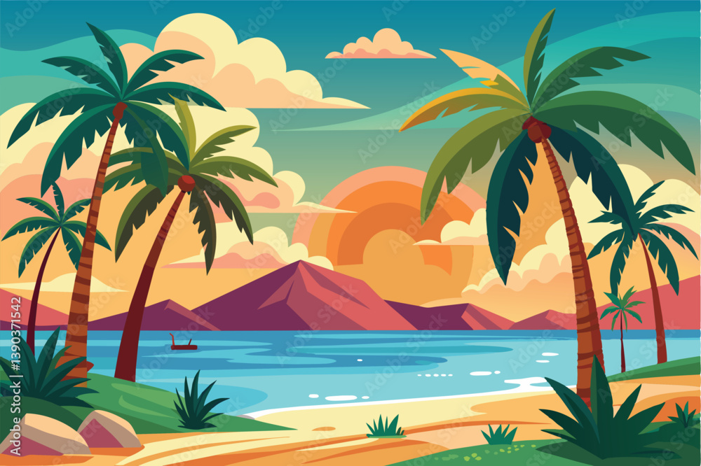 An illustration of a tropical beach with palm trees, a sunset over the ocean, and warm hues in the sky, creating a picturesque scene. An illustration of a tropical beach with palm trees, a sunset over the ocean, and warm hues in the sky, creating a picturesque scene.