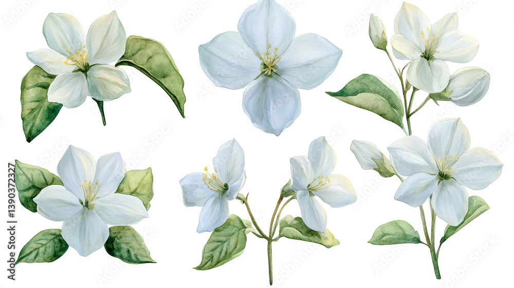 Elegant Watercolor White Apple Blossoms Floral Spring Botanical Illustration Nature Design Elements art pure soft plant fresh bloom branch
