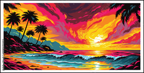 set of banners with palm trees, Album, agency, sunset, retro, room, art, sea, ship, sketch, starfish, sun, surf, picture, surfboard, surfing, symbol, travel, tropical, vintage, water, weekend, print,