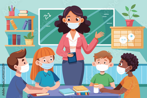 A female teacher wearing a mask, stands and instructs four students wearing masks, who are seated at their desks in a classroom.