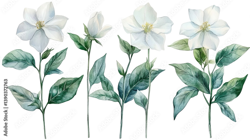 Elegant Watercolor White Flowers Botanical Illustration Green Leaves Floral Design Transparent Background Romantic Nature Spring Blossom Wedding