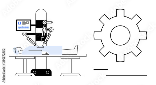 Robotic arms performing surgery on a patient on an operating table with a monitor displaying health stats. Ideal for healthcare, innovation, robotics, AI technology, automation, mechanics, future