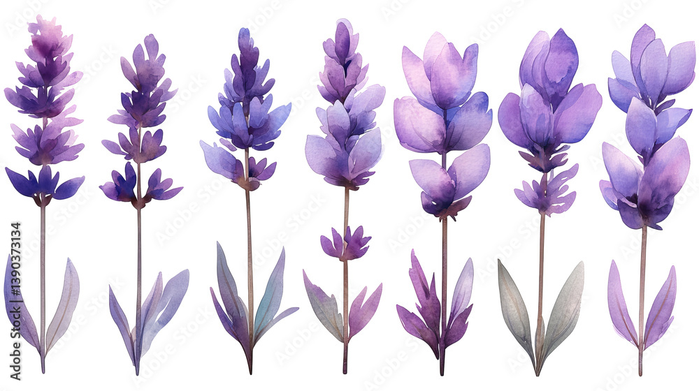 Elegant Watercolor Lavender Flowers Botanical Illustration Purple Floral Design Romantic Nature Art Print Graphic Design Element Set herb