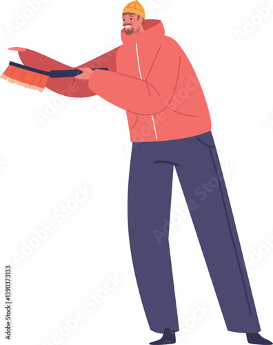 Man with brush cleaning snow