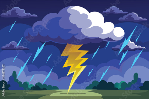A cartoon illustration depicting a single lightning bolt striking down from a large storm cloud during a nighttime thunderstorm.