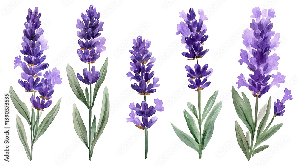 Obraz premium Five Watercolor Lavender Flowers Purple Floral Botanical Illustration Isolated on transparent Background Nature Design Element art spa herb plant