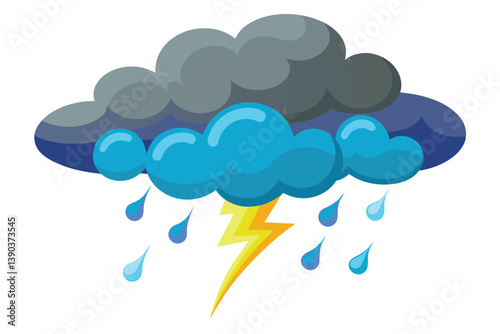 A simple cartoon illustration of a dark cloud with rain and lightning. The cloud is grey and blue with a yellow lightning bolt coming from it.