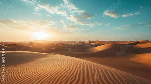Sunset over vast, undulating sand dunes in a desert landscape.