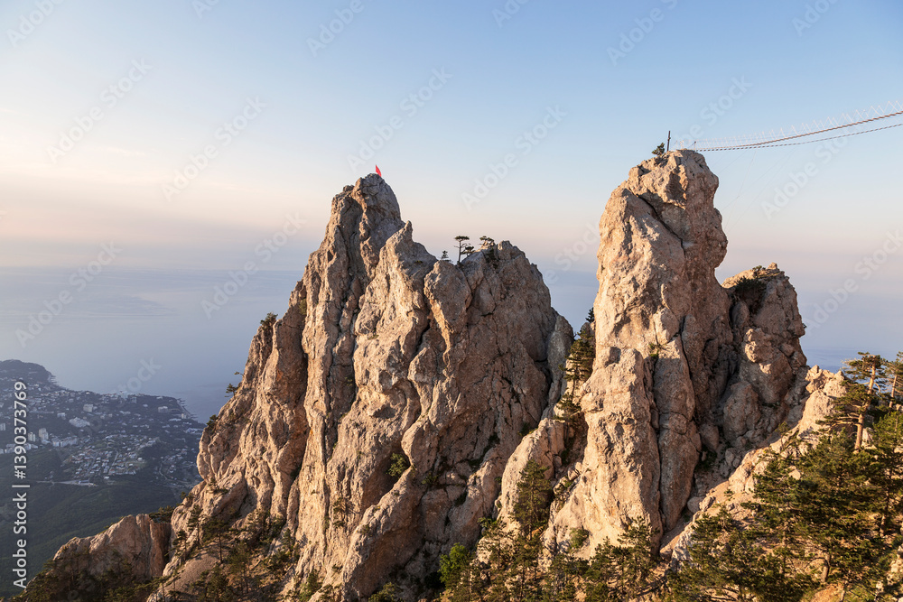 Crimea, View of Ai-Petri peak at sunrise, a mountain peak in the Mountains of Crimea. Russia